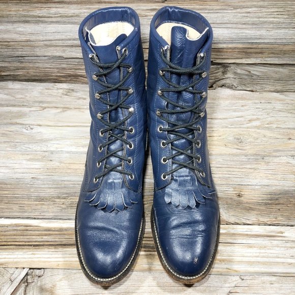 VINTAGE Justin Boot L0527 Western Kiltie Roper Blue Leather Boots Women US 7.5 N - Picture 4 of 10